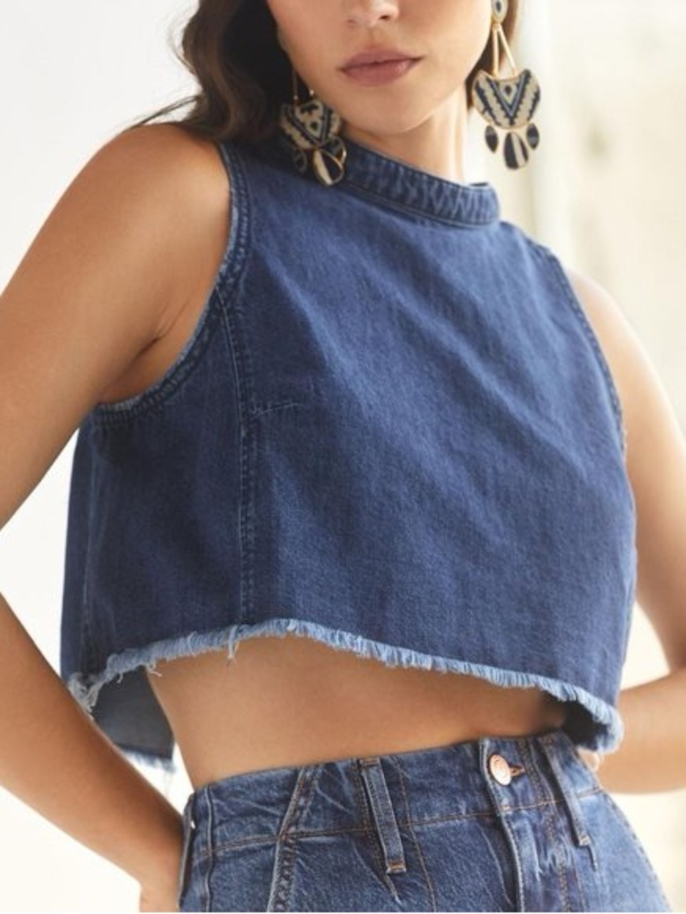 Pilcro Dark Blue Denim Cropped Shell Top